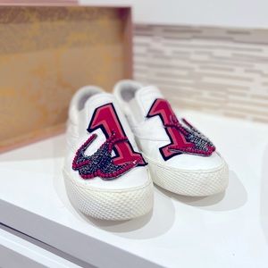 Miu Miu white Leather Embellished Patch Logo Slip On Sneakers